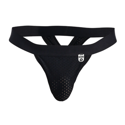 Black perforated mesh athletic supporter with wide elastic waistband and white logo patch mob mesh y thong