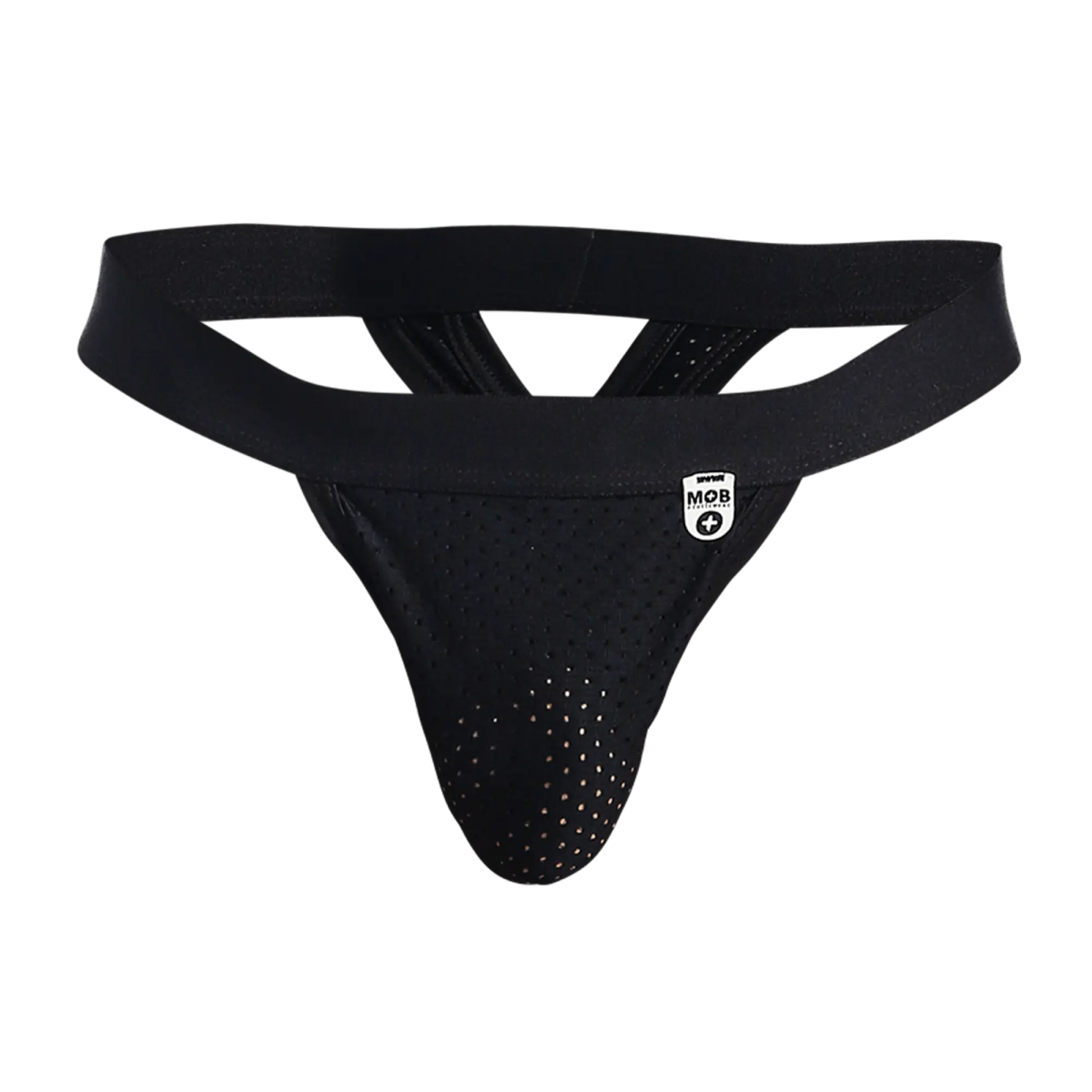 Black perforated athletic supporter mob mesh y thong with wide elastic waistband and small white logo patch
