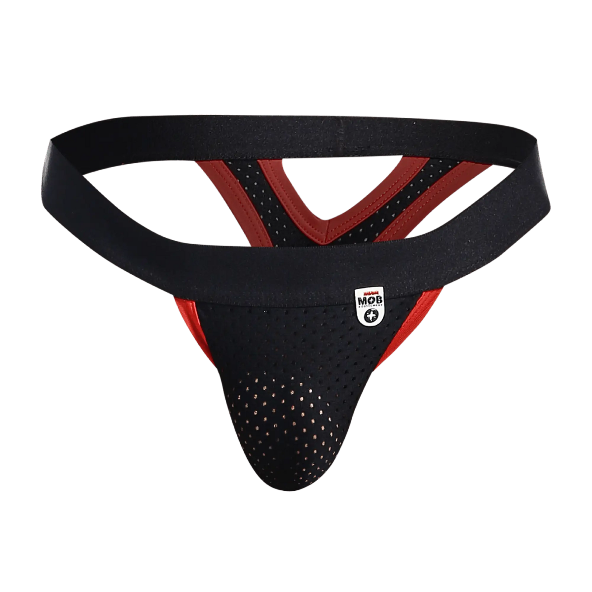 Black and red perforated athletic supporter mesh y thong with branded logo patch visible on the front side