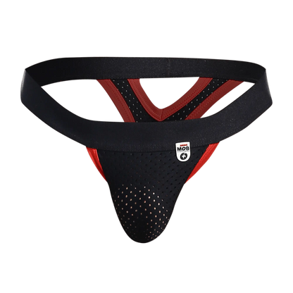 Black and red perforated mesh athletic supporter with branded logo patch mob mesh y thong back view
