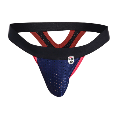 Blue and red perforated mob mesh y thong with black elastic waistband shown from the back side