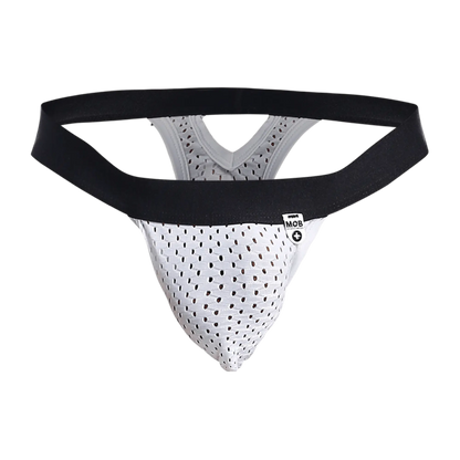 White perforated mesh athletic supporter mob mesh y thong with black elastic waistband and small mob brand tag