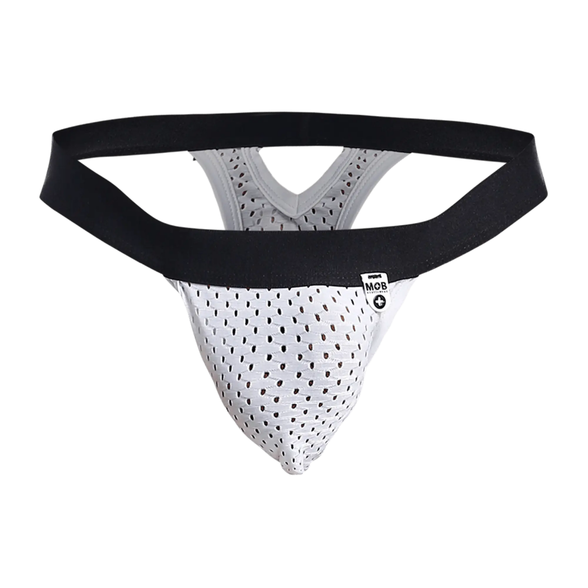White perforated mesh athletic supporter thong with black elastic waistband and mob brand tag front view