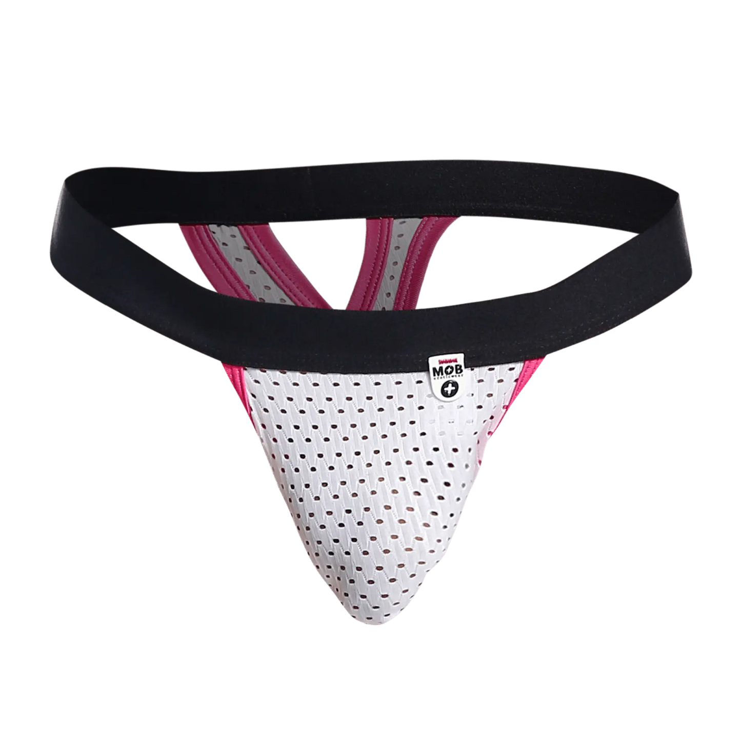 White perforated mob mesh y thong athletic supporter with black and pink trim and branded tag visible