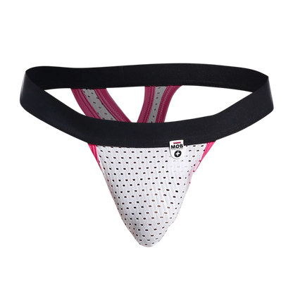 White perforated mesh mob mesh y thong athletic supporter with black and pink trim and branded tag