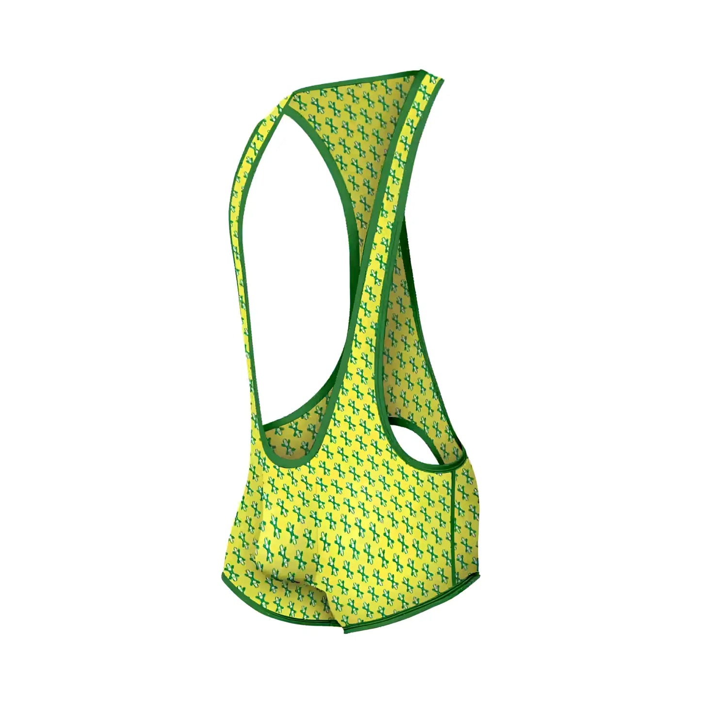 Bright yellow MOB Singlet cycling jersey with green crosshatch pattern and matching green trim front view