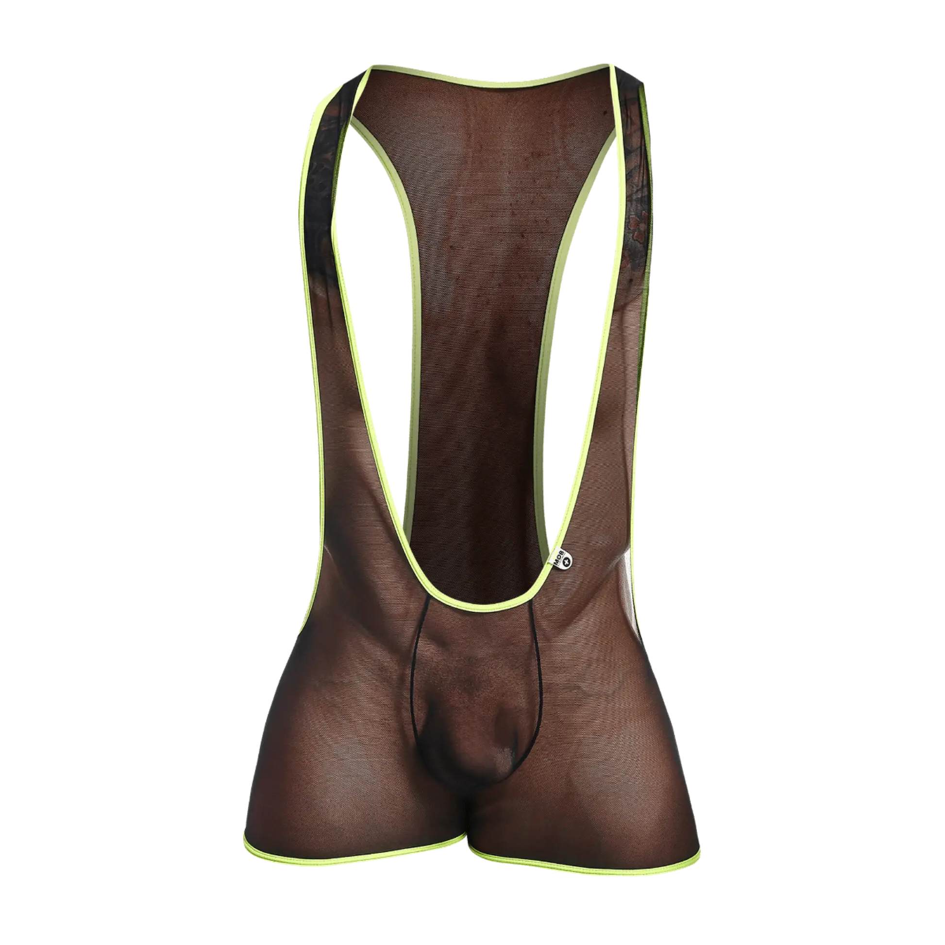 Mob singlet brown mesh cycling bib shorts with neon yellow trim designed for comfortable riding