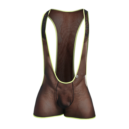 Mob singlet brown mesh cycling bib shorts with neon yellow trim designed for comfortable riding