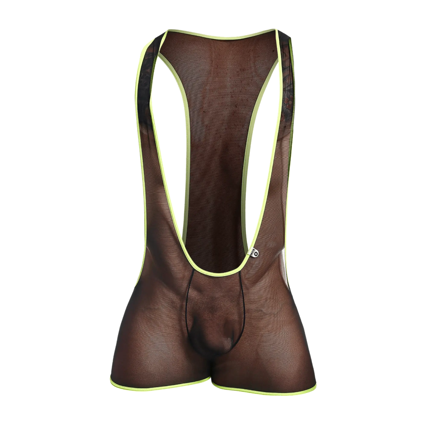 Brown mesh cycling bib shorts with neon yellow trim shown from the back in the MOB Singlet product image