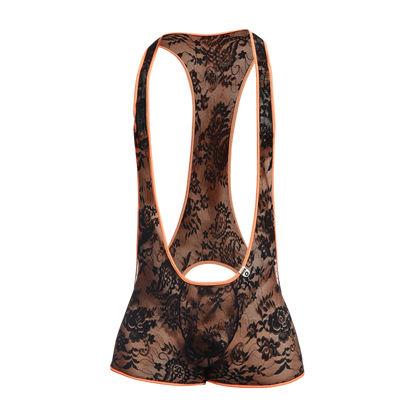 Black floral lace cycling bib shorts with orange trim shown from the back in the MOB Singlet product line