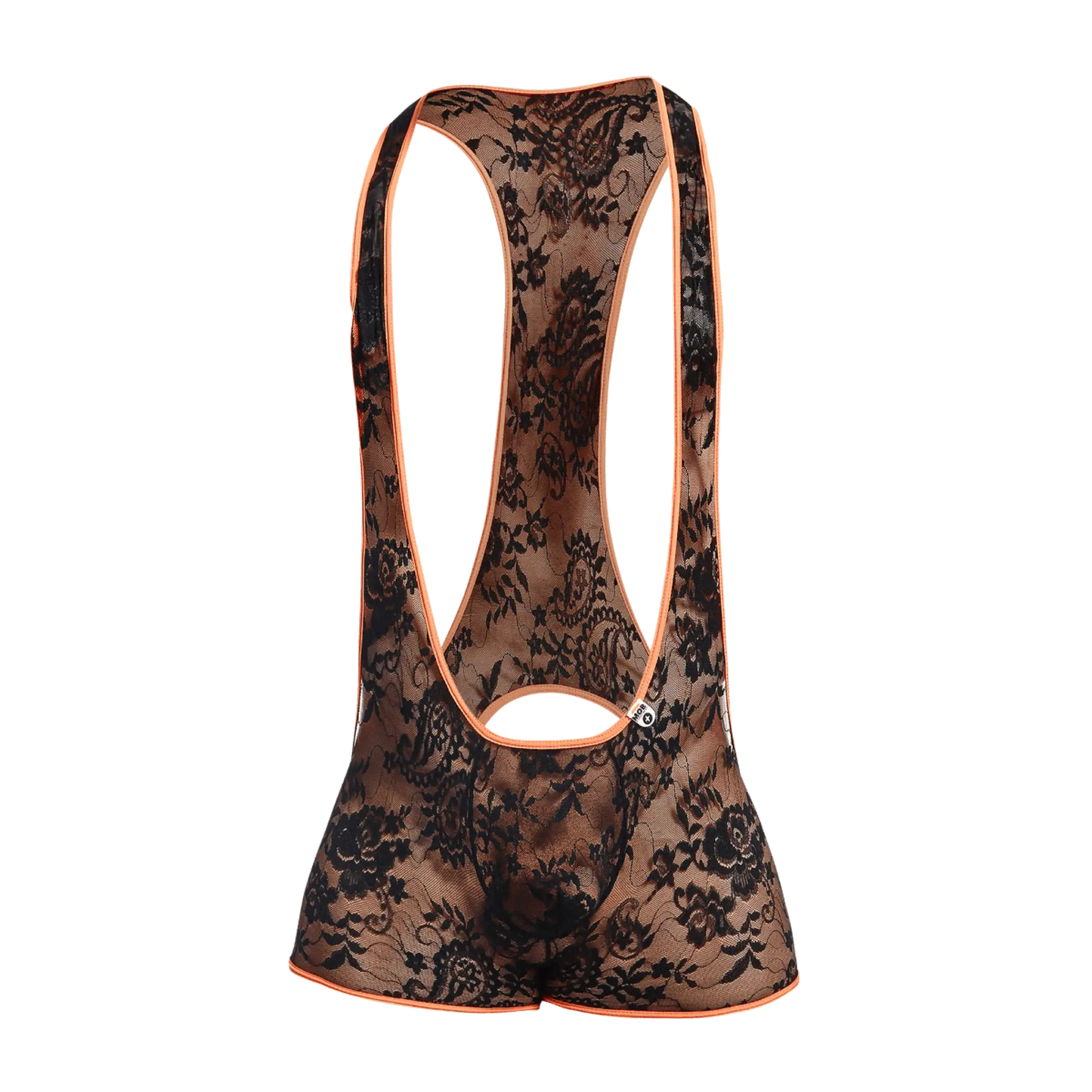 Black floral lace cycling bib shorts with orange trim shown from the back for mob singlet product line