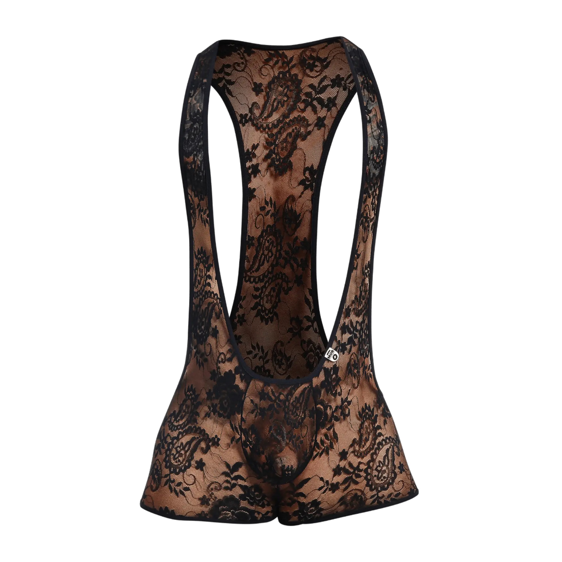 Black lace MOB singlet bodysuit with intricate floral patterns and a sheer, form-fitting design