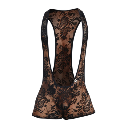 Black lace MOB singlet bodysuit with intricate floral patterns and a sheer, form-fitting design