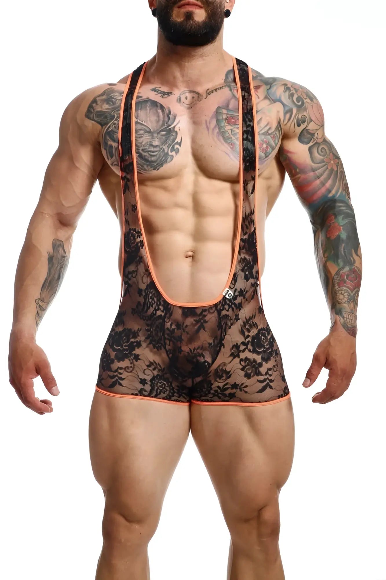Black lace mob singlet bodysuit with orange trim showcasing sheer floral design and sleeveless fit