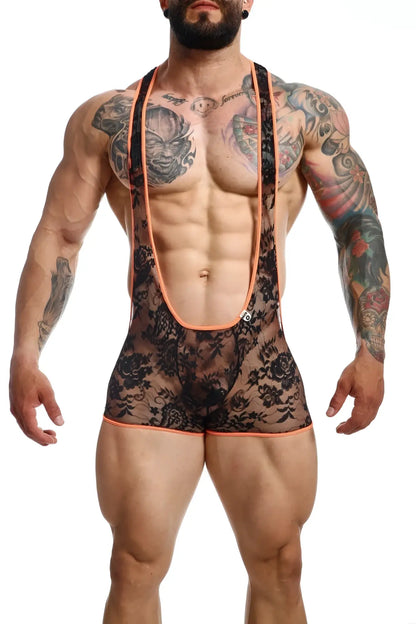 Black lace mob singlet bodysuit with orange trim showcasing sheer floral design and sleeveless fit