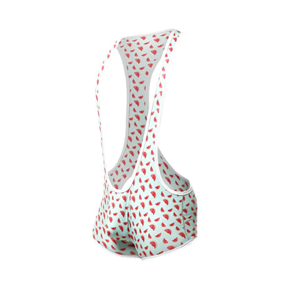 Light blue cycling bib shorts with red watermelon slice pattern and white trim for comfortable riding
