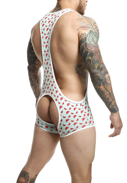 Men’s athletic one-piece mob singlet in light blue and red watermelon slice pattern with white trim