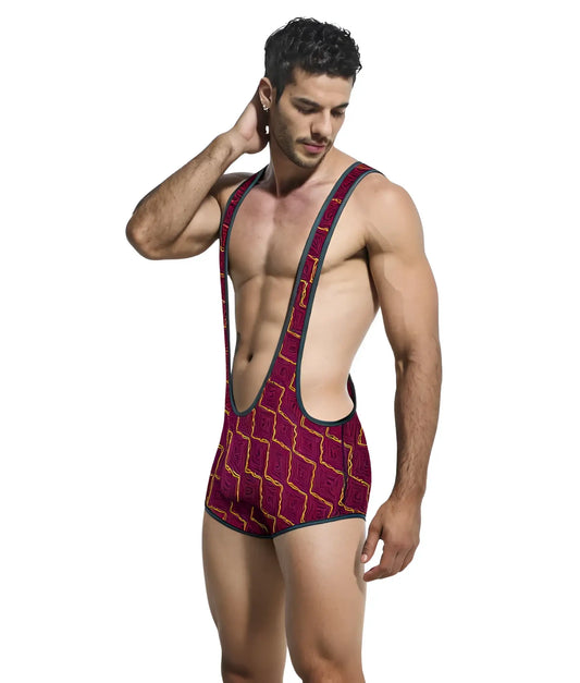 A maroon and gold patterned men’s wrestling singlet with black trim designed for competitive wrestling called mob singlet