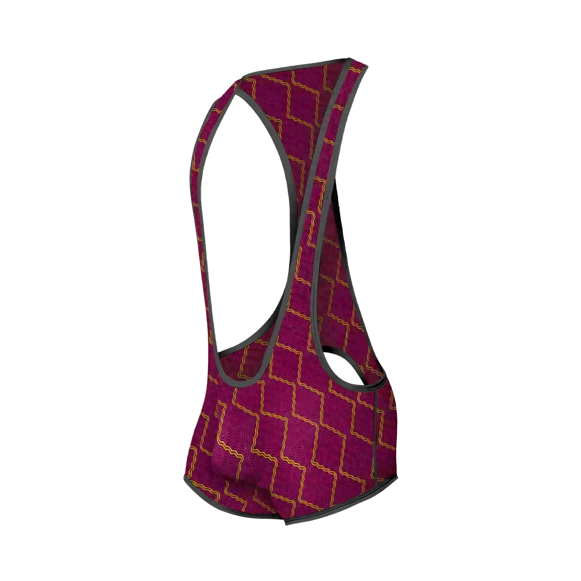 A maroon mob singlet cycling jersey with a gold geometric pattern and black trim designed for performance riding