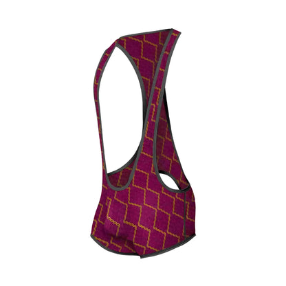 A maroon mob singlet cycling jersey with a gold geometric pattern and black trim designed for performance riding