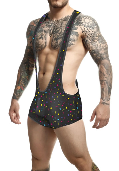 Black mens suspenders with vibrant multicolored confetti pattern from the MOB Singlet collection