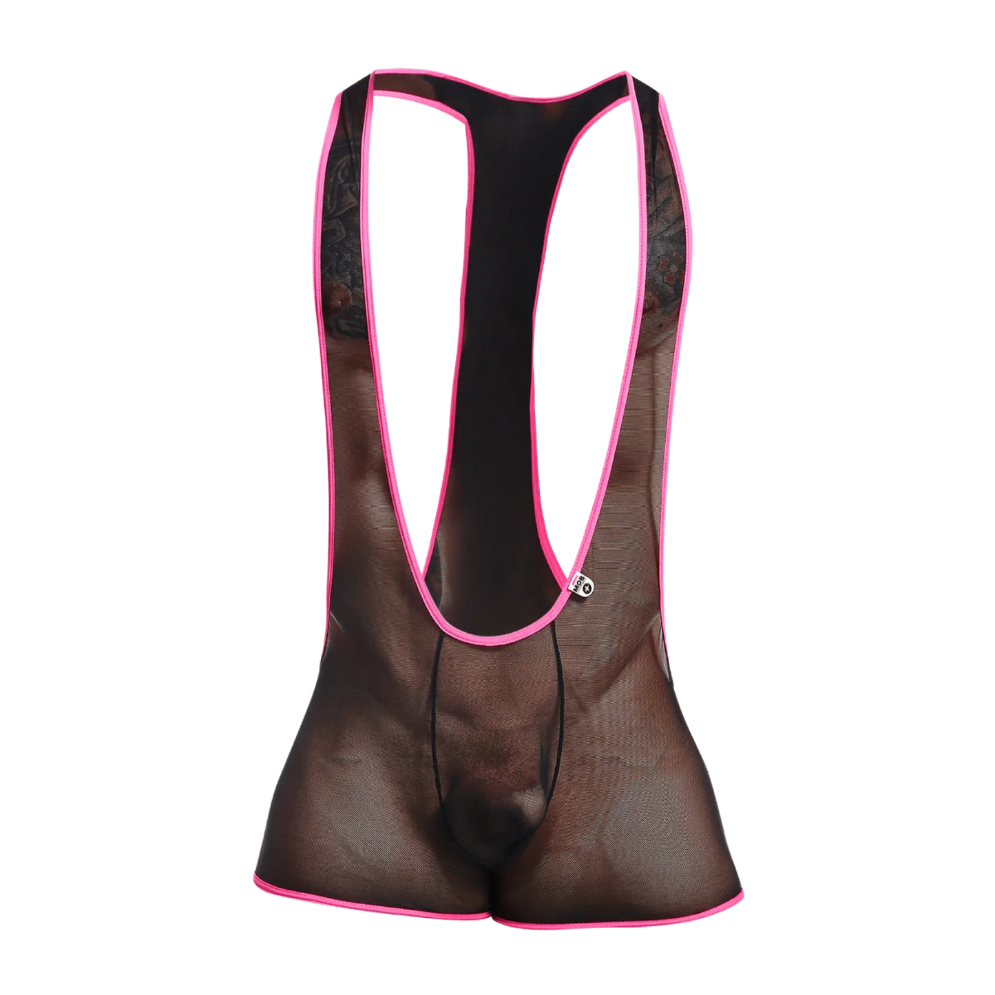 Black mesh cycling bib shorts with vibrant pink trim and lace detailing along the sides for MOB Singlet