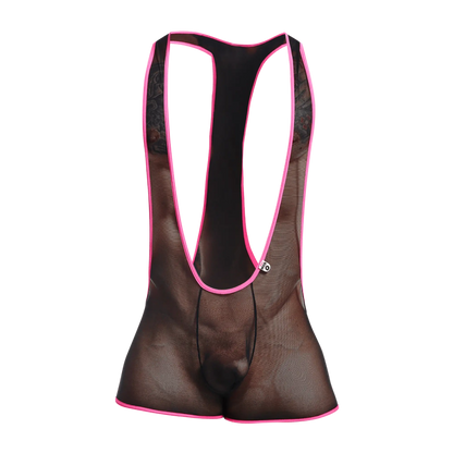 Black mesh cycling bib shorts with vibrant pink trim and lace detailing along the sides for MOB Singlet