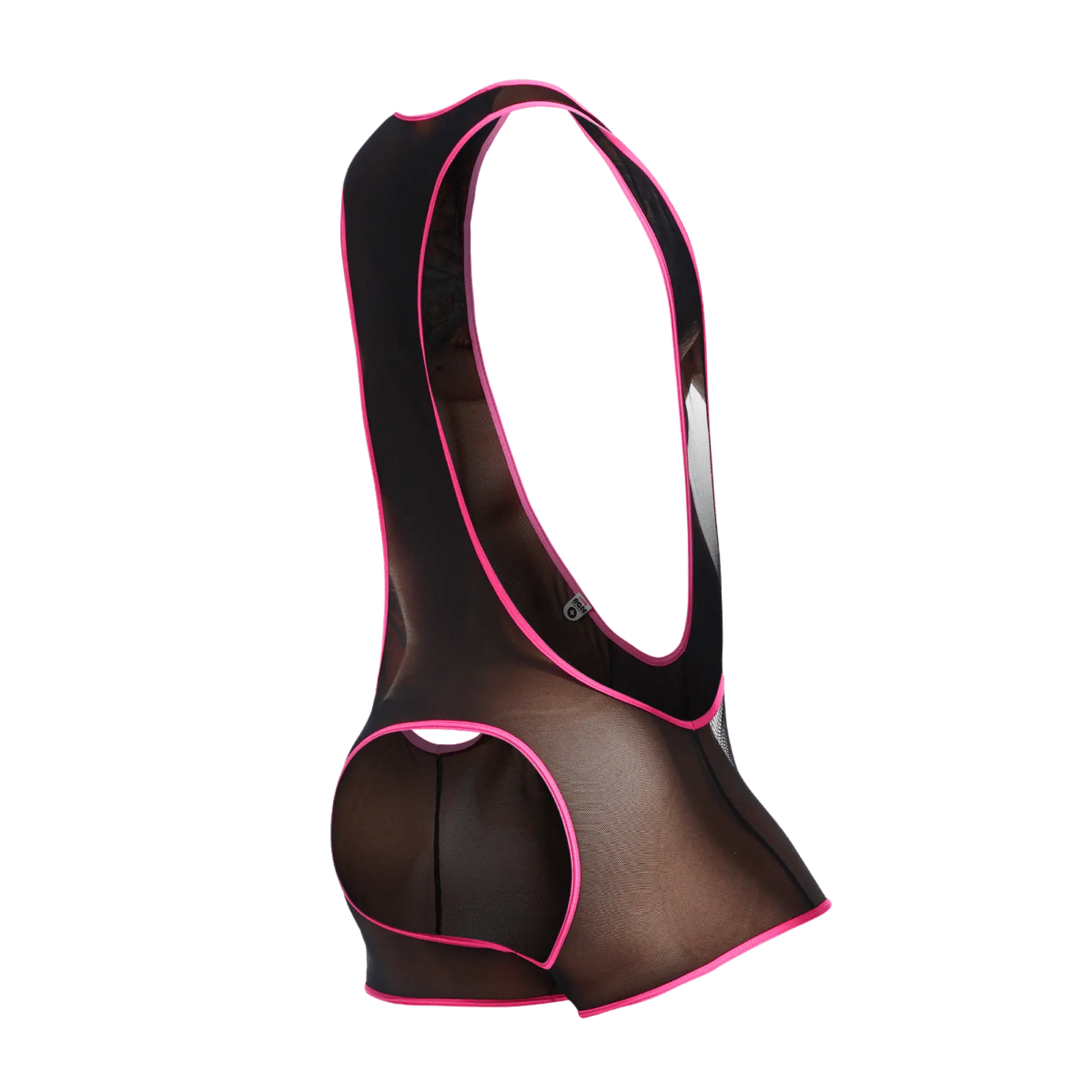 Black mesh cycling bib shorts with vibrant pink trim shown from the back for mob singlet product use