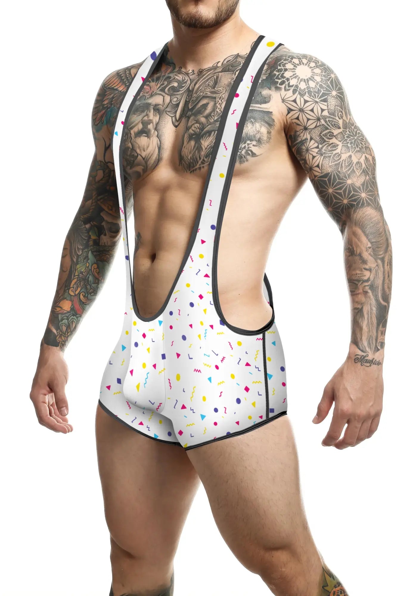 White men’s wrestling singlet mob singlet with colorful confetti pattern and black trim for sports use