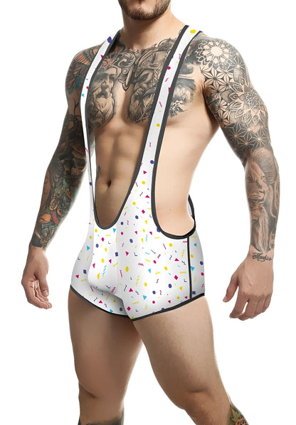White men’s wrestling singlet mob singlet with colorful confetti pattern and black trim for athletic use