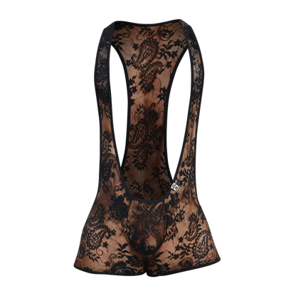 Black lace mob singlet bodysuit with intricate floral patterns and sheer form-fitting design on front side