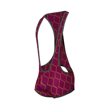 A maroon mob singlet cycling jersey with a gold geometric pattern and black trim designed for performance riding