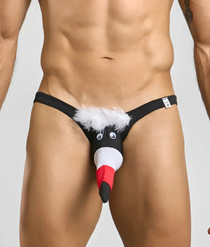 Black novelty thong for men with cartoon penguin design white fluffy trim red and black beak and googly eyes