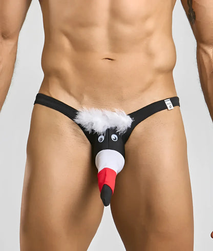 Black novelty thong for men with cartoon penguin design white fluffy trim red and black beak and googly eyes