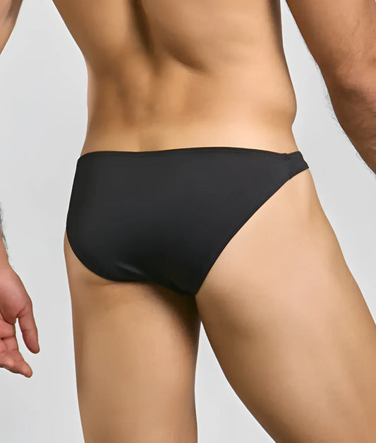 Toucan bikini for men black sleek form-fitting swim trunks with smooth fabric finish designed for swimming and beachwear
