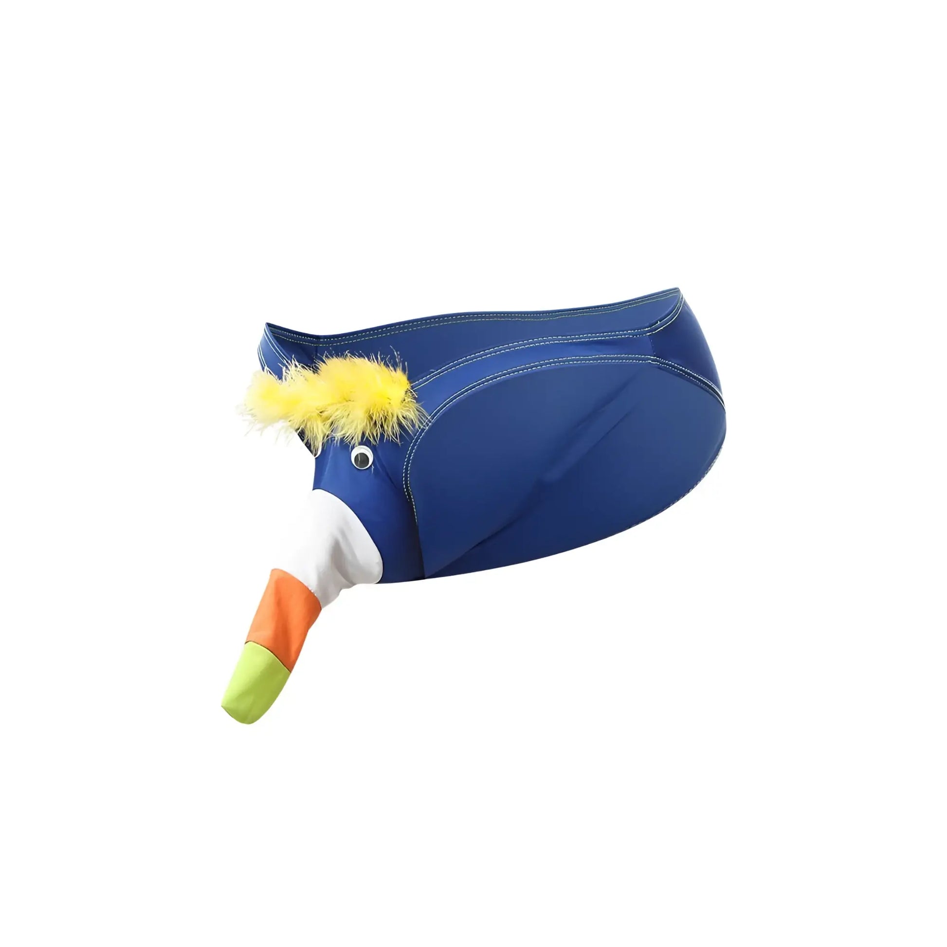 Toucan bikini for men featuring a blue duck-shaped belt with a yellow feathered crest and white orange-green beak