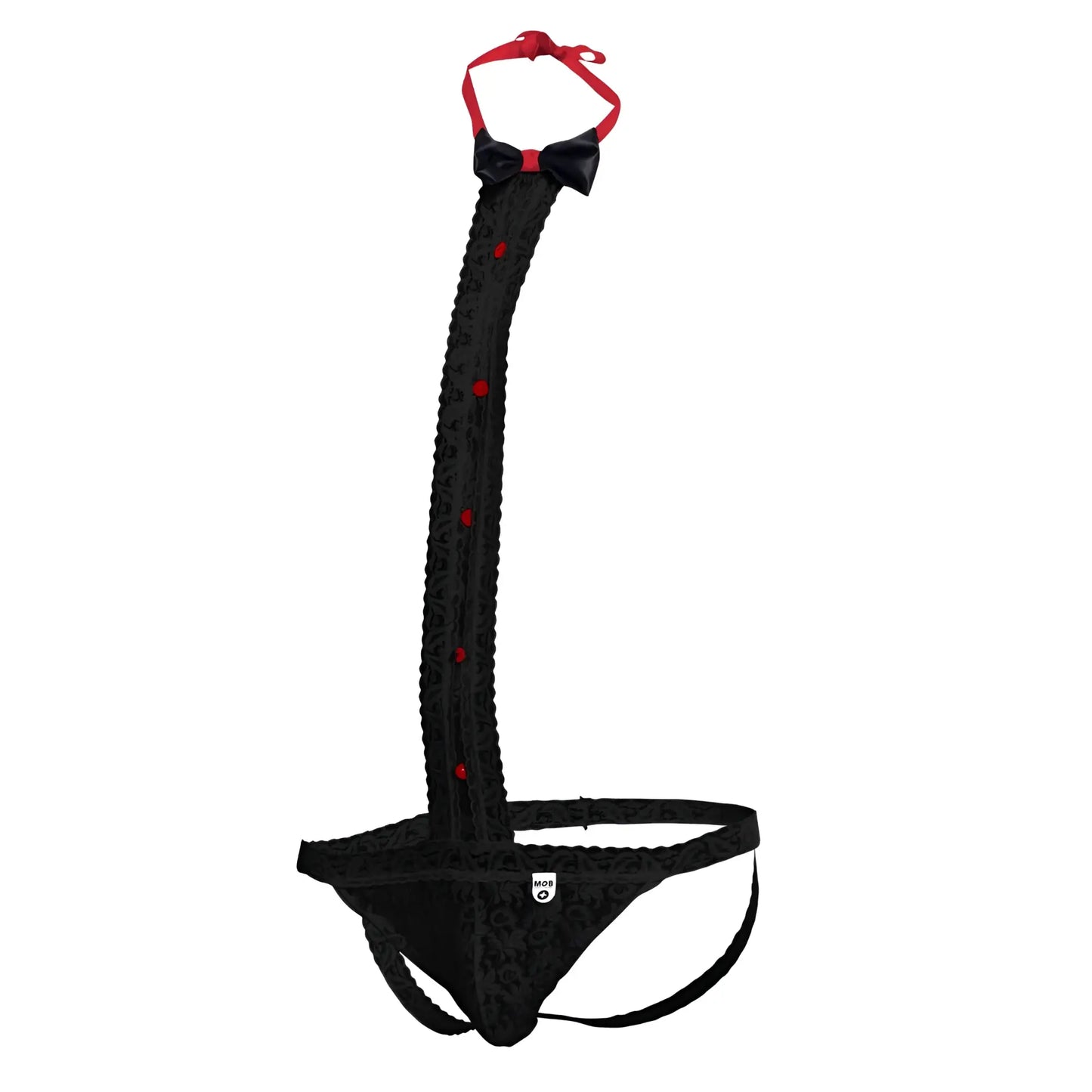 Black lace thong with red bow tie and matching red buttons along the strap from MOB Tuxedo Lace Thong collection