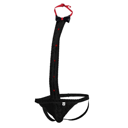 Black lace thong with red bow tie and matching red buttons along the strap from MOB Tuxedo Lace Thong collection