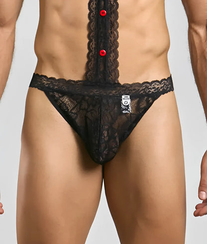 MOB tuxedo lace thong in black featuring red buttons down the center front with delicate lace material