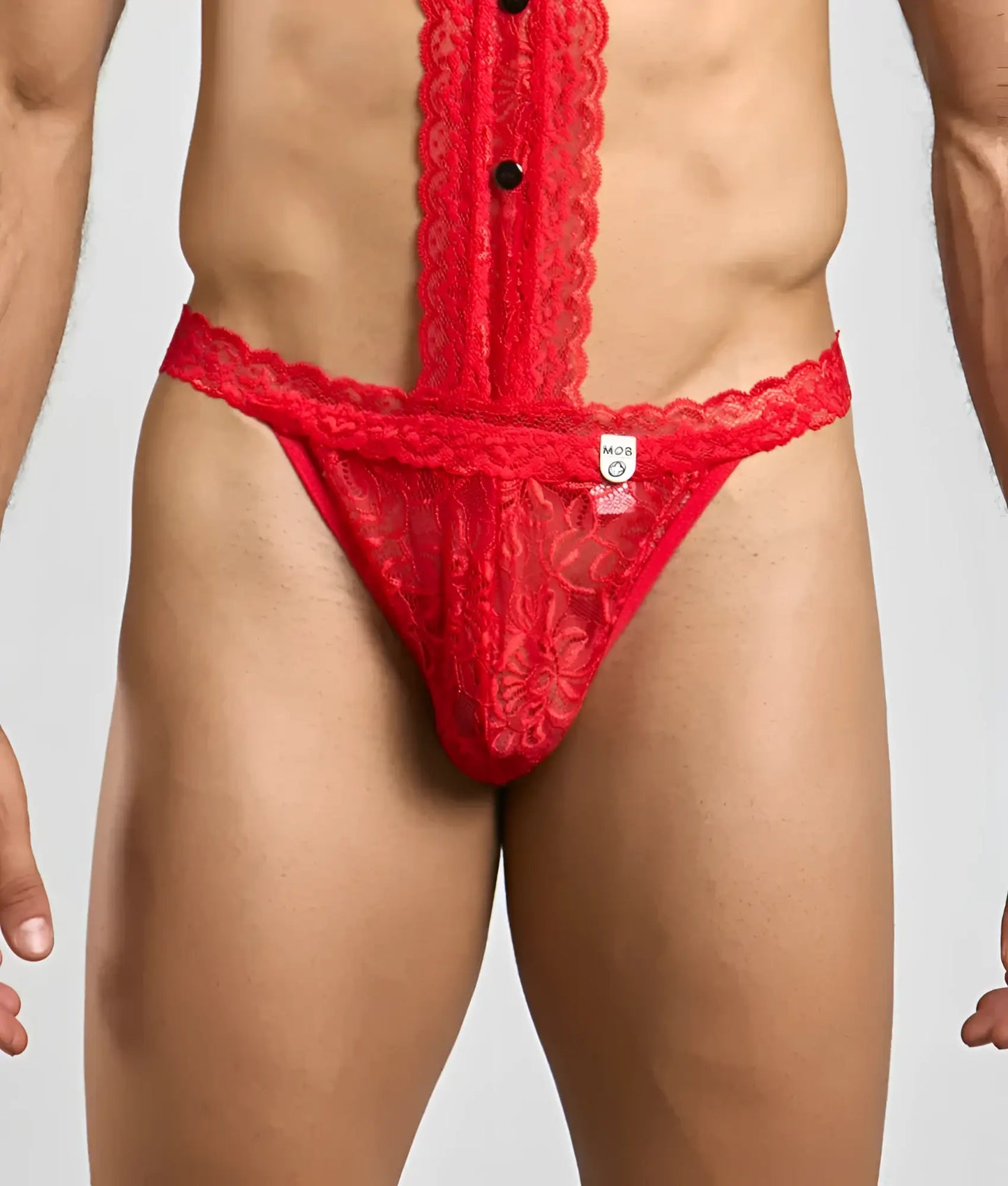 Mob tuxedo lace thong red lace thong with floral pattern and black buttons down the front