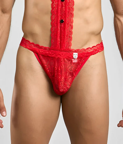 Mob tuxedo lace thong red lace thong with floral pattern and black buttons down the front