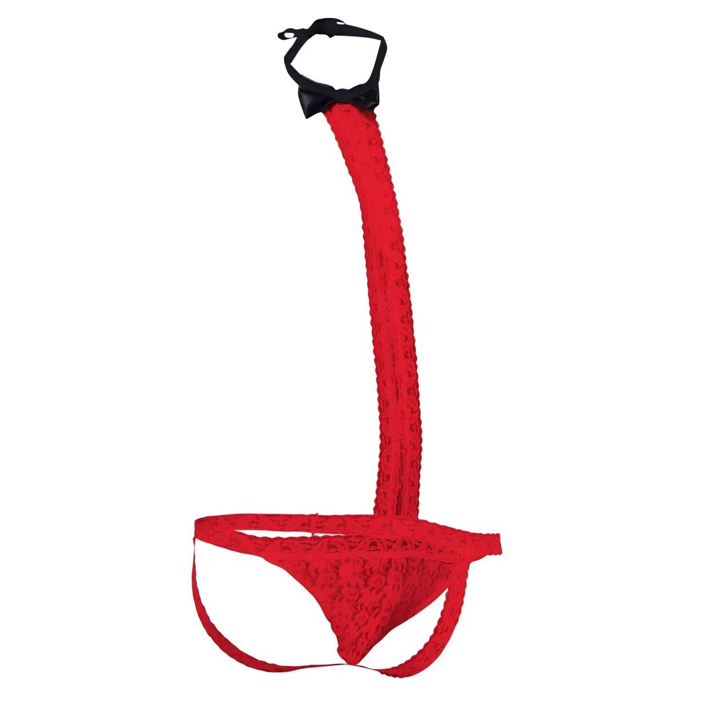 Red lace MOB Tuxedo lace thong with a matching long textured strap and black bow at the top front view