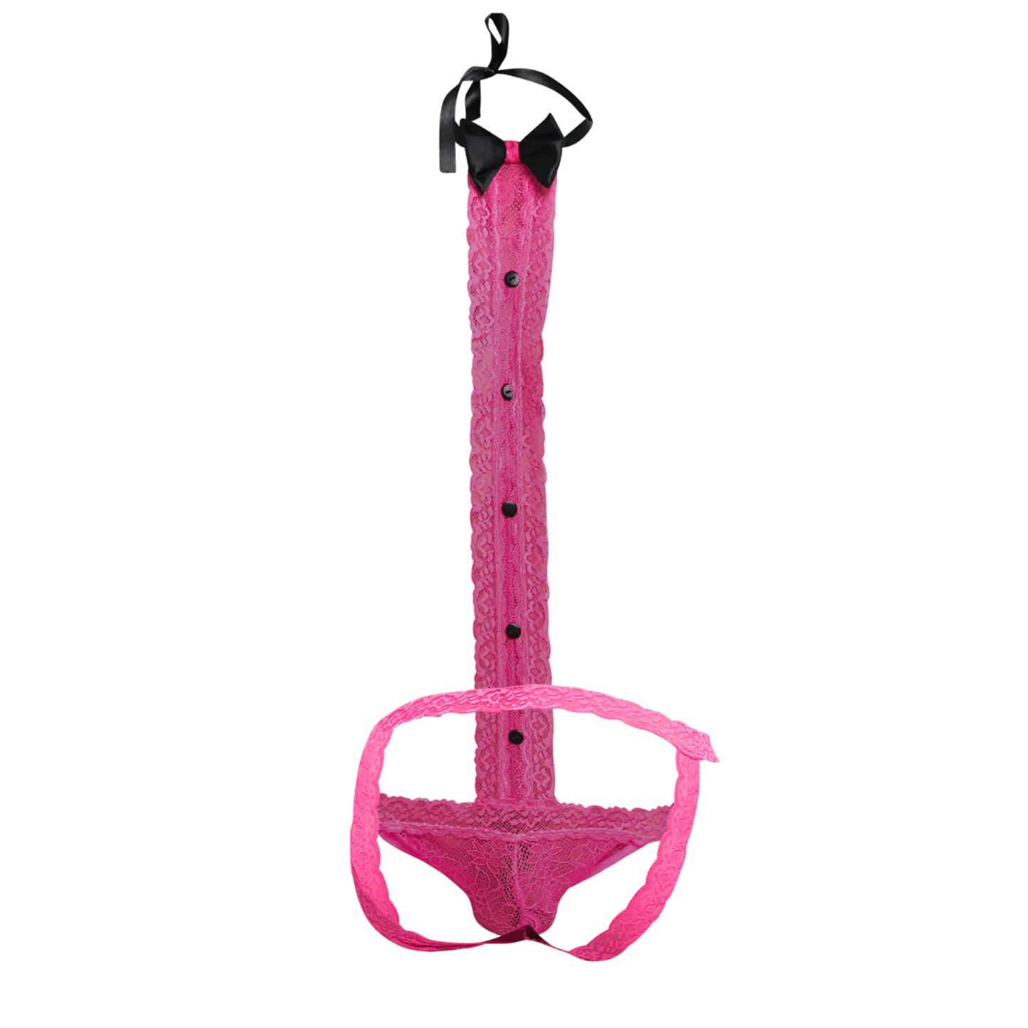 Pink lace tuxedo lace thong with black bow tie and button details in a lingerie set front view