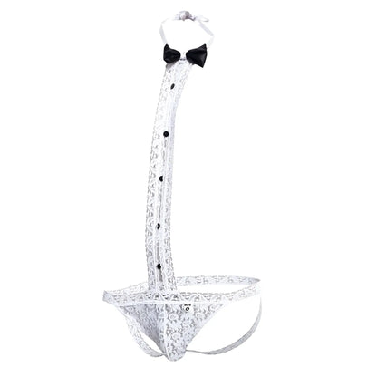 White lace men’s tuxedo thong with black bow tie and button details for stylish lingerie wear