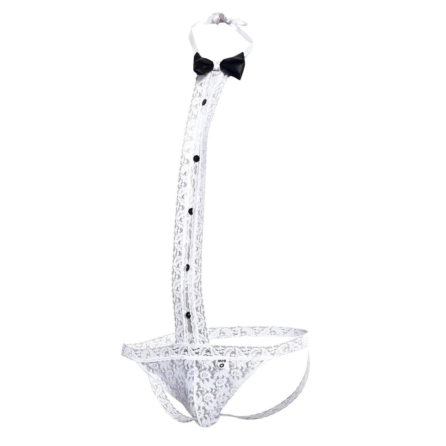 White lace men’s lingerie tuxedo thong with black bow tie and button details for stylish intimate wear