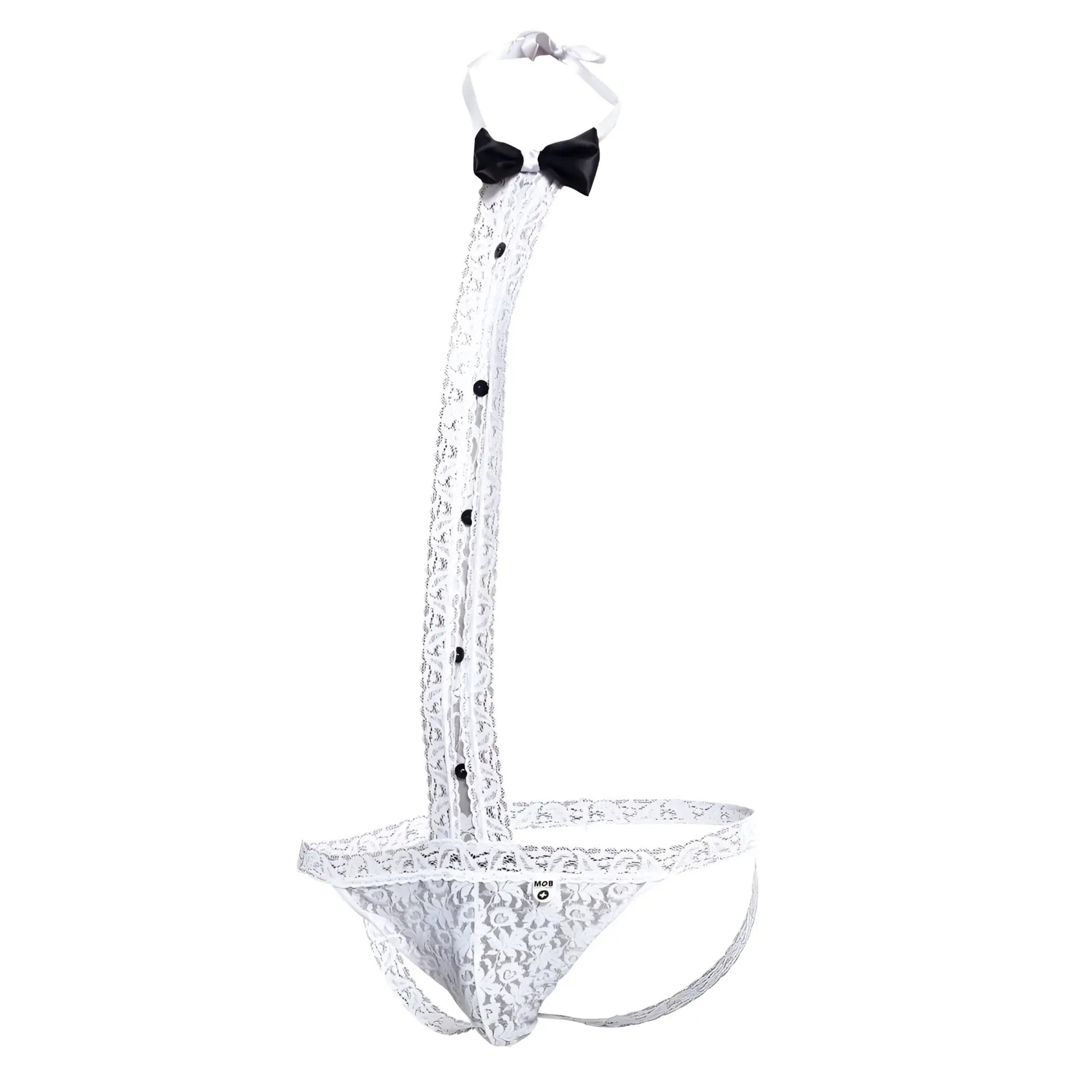 White lace men’s lingerie tuxedo thong with black bow tie and button details for stylish intimate wear