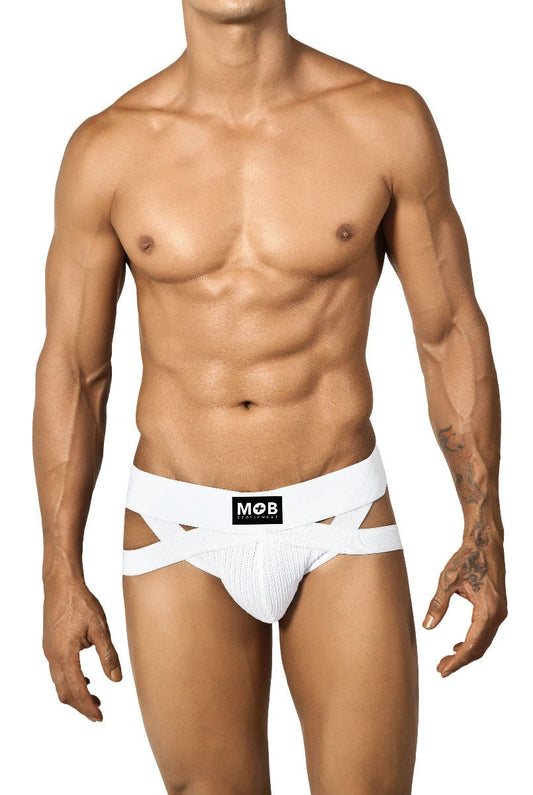 Men’s x jockstrap white mob branded athletic briefs with ribbed fabric and crisscrossing waist straps front view