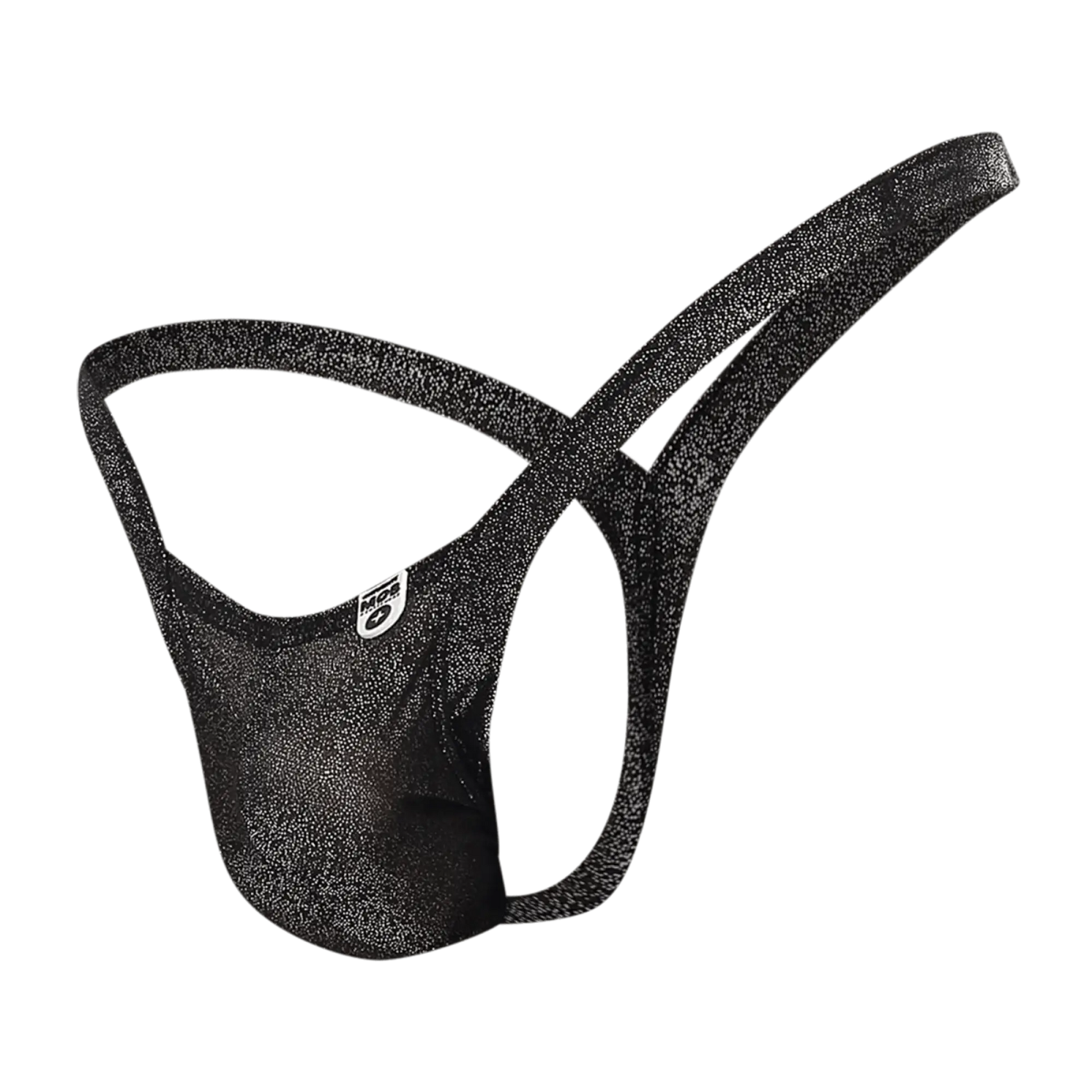 Black glittery men’s briefs with subtle shimmering texture and small white logo on the side from MOB Y Buns Thong