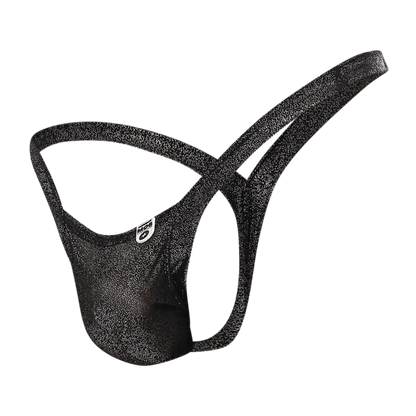 Black glittery men’s briefs with subtle shimmering texture and small white logo on the side from MOB Y Buns Thong