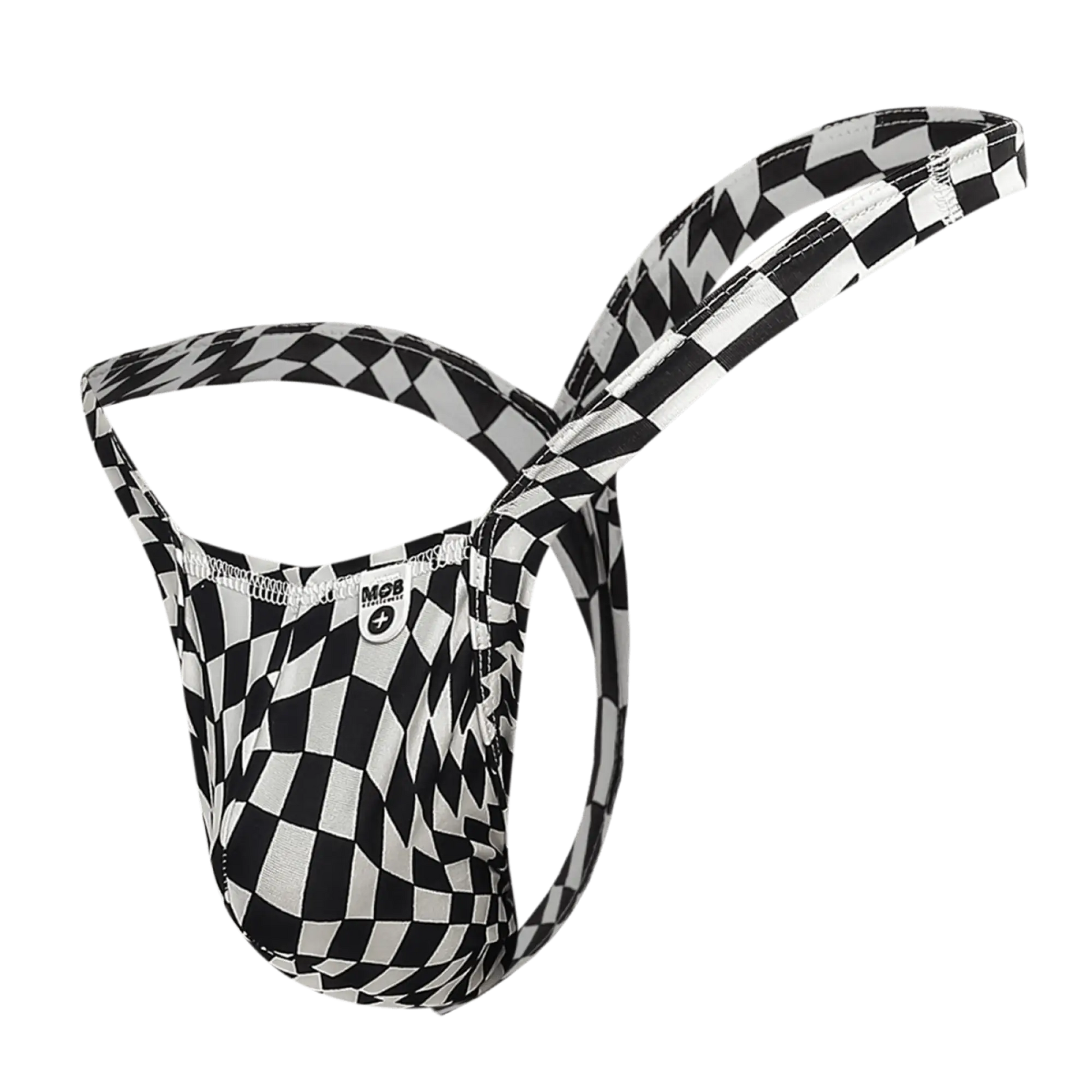 Mob y buns thong black and white checkered m2b men’s briefs with a sleek form fitting design shown from the back